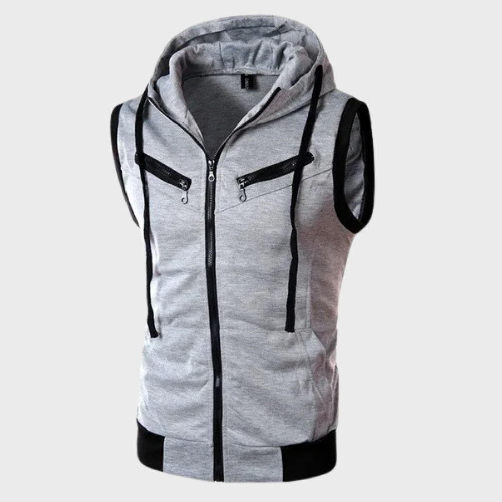Men's Sleeveless Zip Vest with Detachable Hood - Light Gray