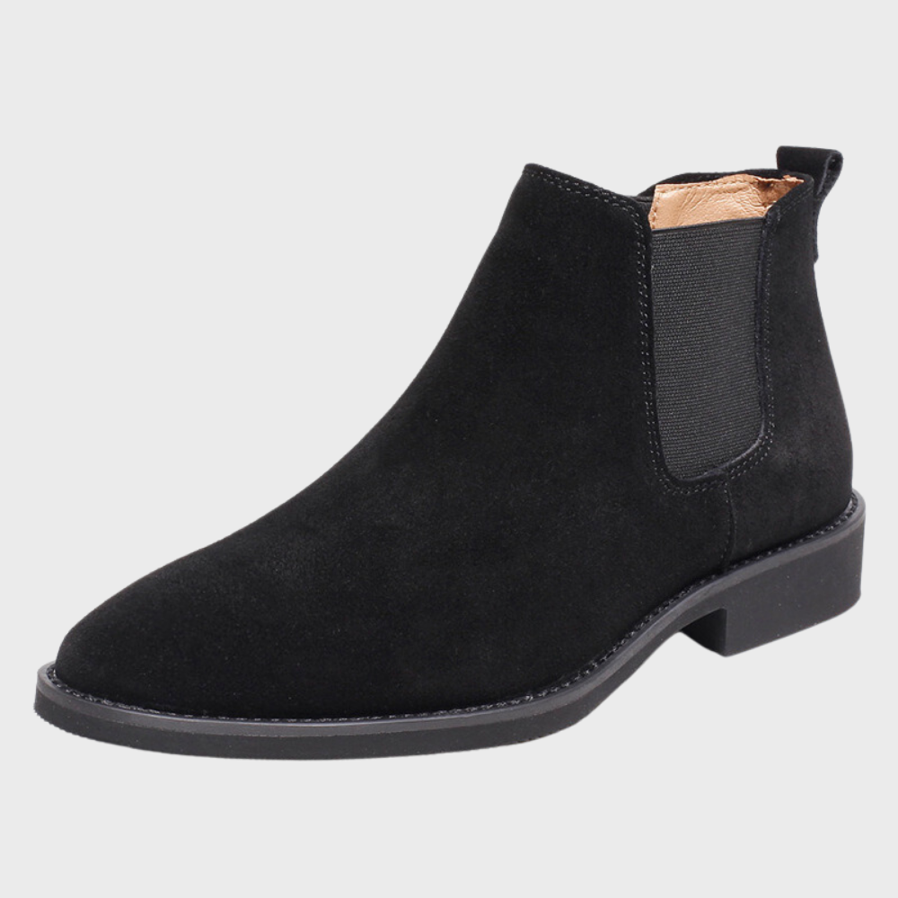 Men's Suede Pointed-Toe Low Heel Chelsea Boots - Black