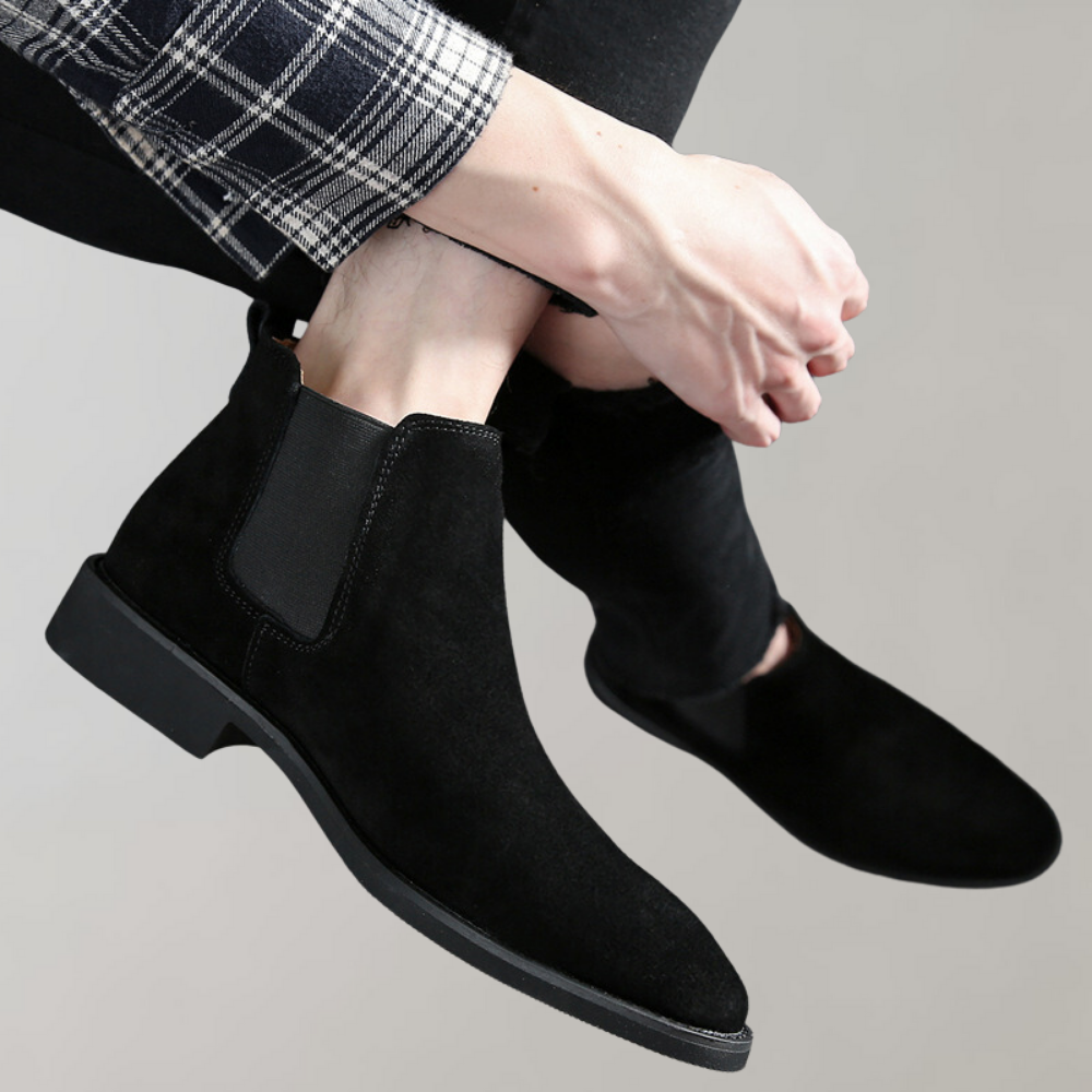 Men's Suede Pointed-Toe Low Heel Chelsea Boots