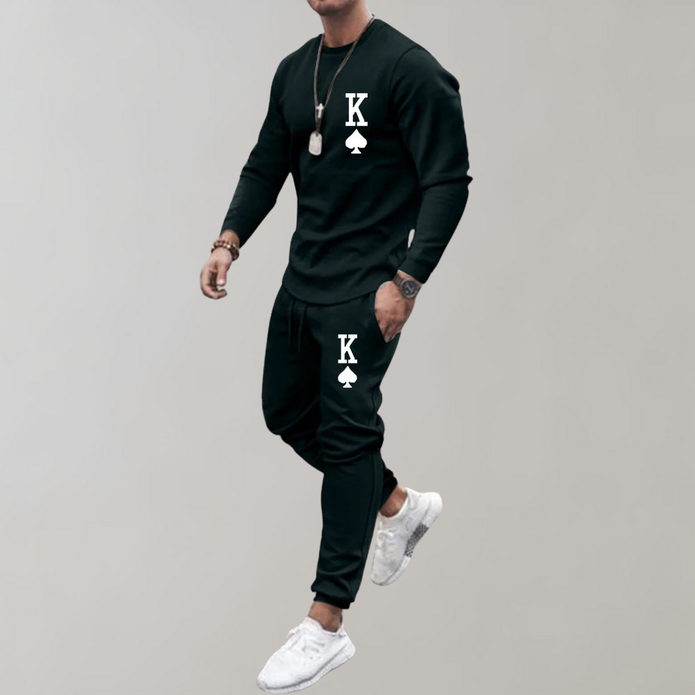 Men's Printed Long-Sleeve Top and Jogger Tracksuit Set - Black