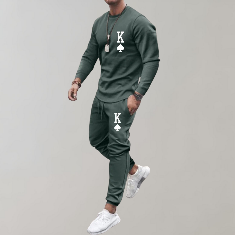 Men's Printed Long-Sleeve Top and Jogger Tracksuit Set - Dark Green