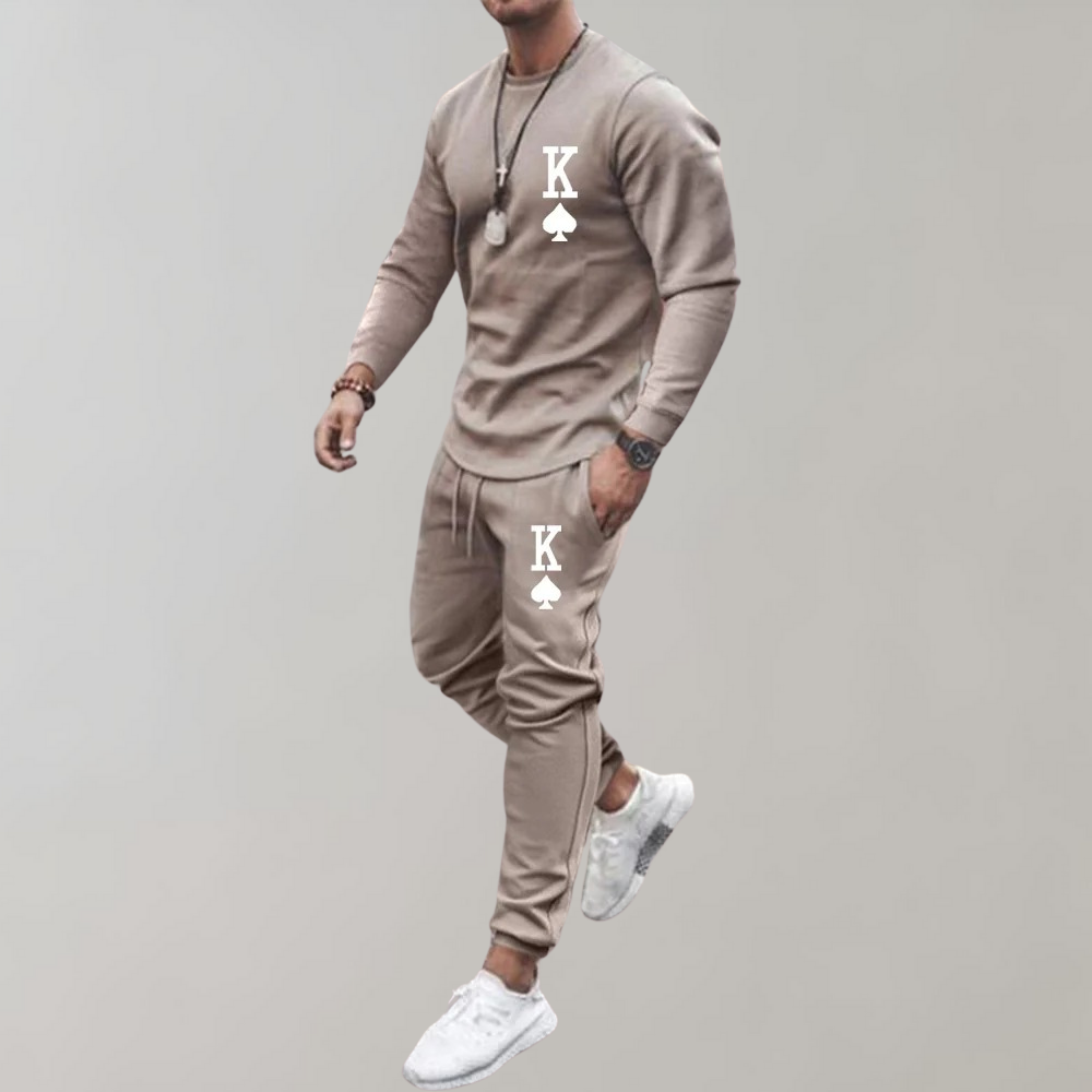 Men's Printed Long-Sleeve Top and Jogger Tracksuit Set - Khaki