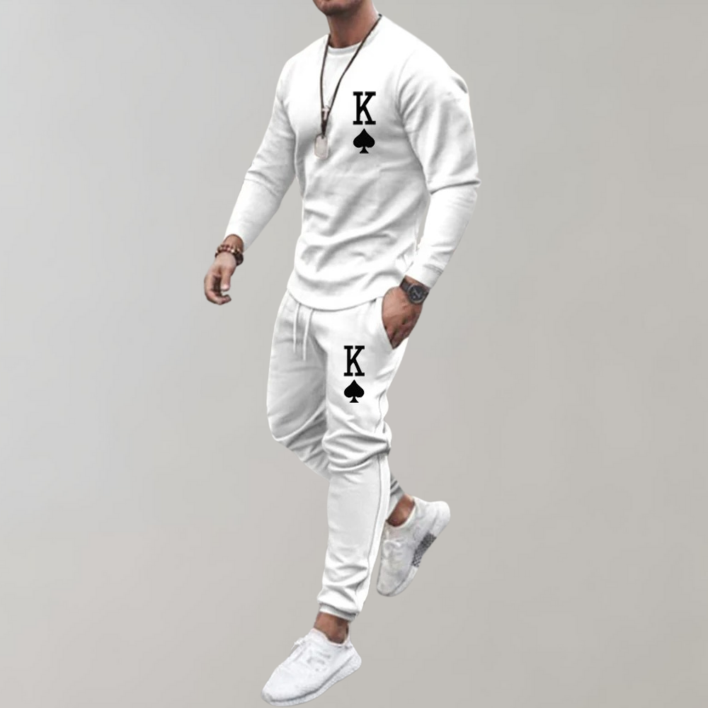 Men's Printed Long-Sleeve Top and Jogger Tracksuit Set - White