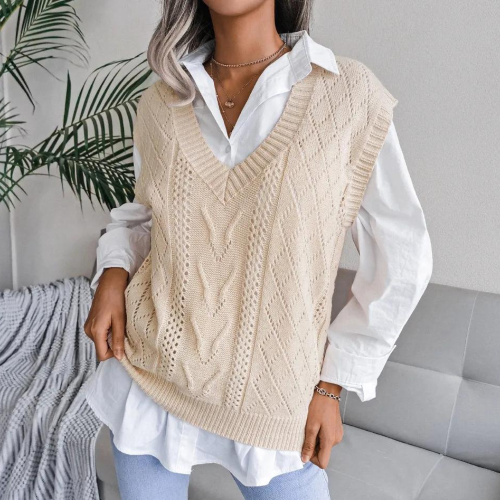 Women's Openwork V-Neck Sweater Vest - Beige