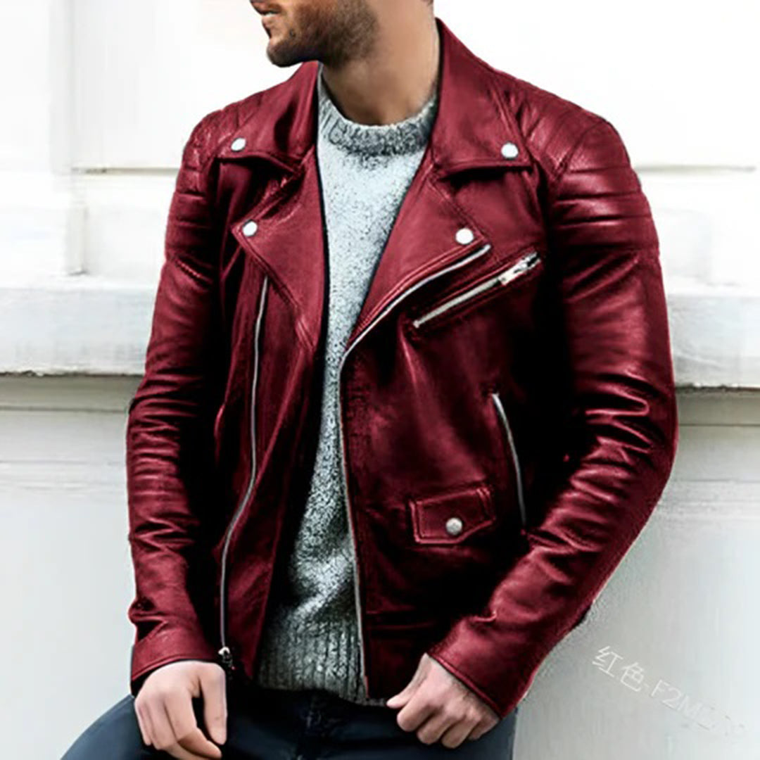 Men's Asymmetric Zip Moto Jacket with Wide Lapels - Dark Blue