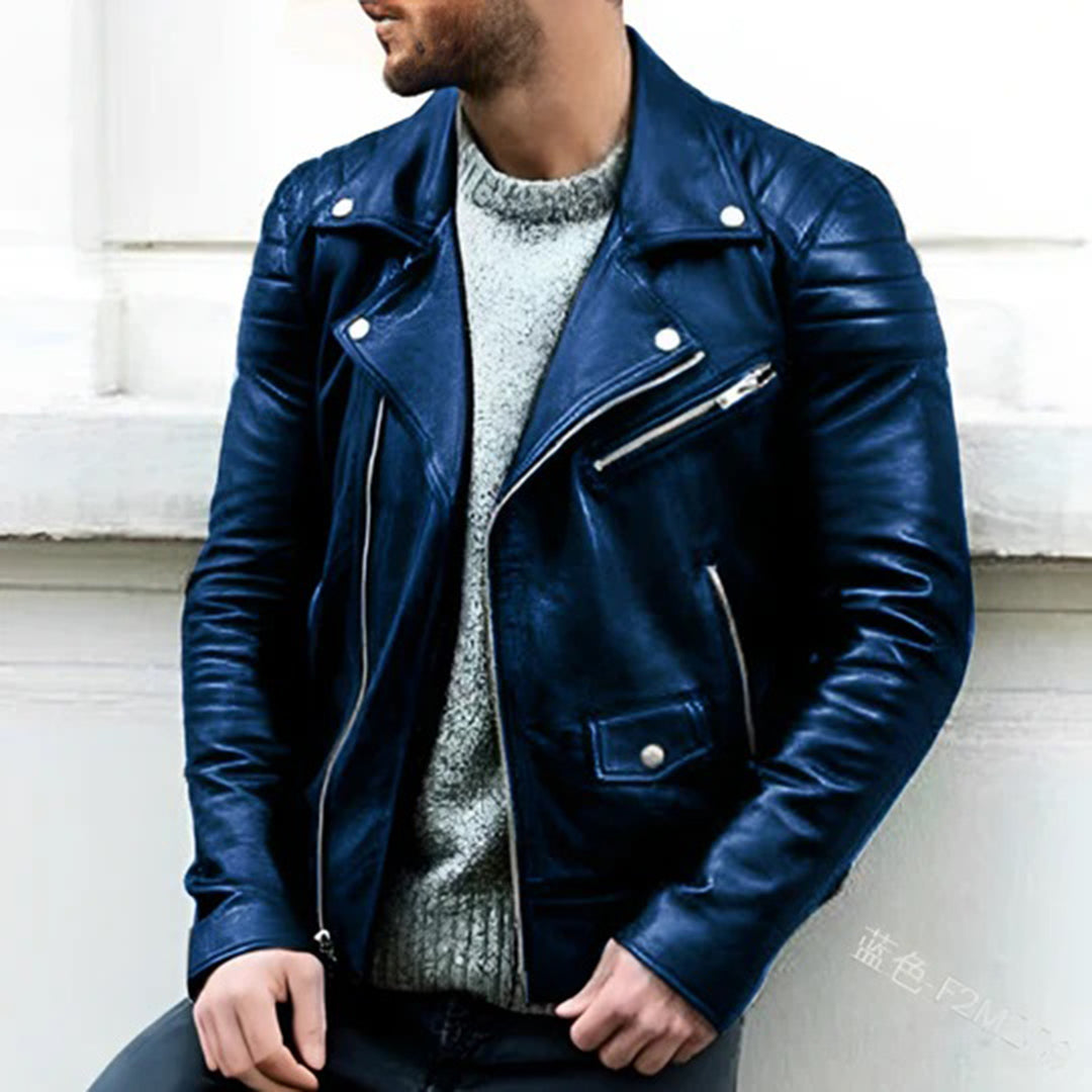 Men's Asymmetric Zip Moto Jacket with Wide Lapels - Wine Red