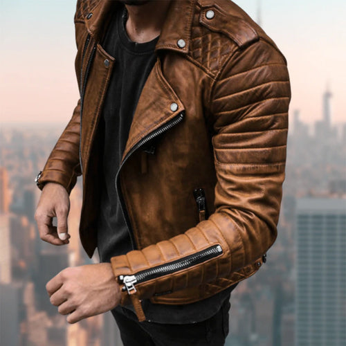 Men's Asymmetric Zip Moto Jacket with Wide Lapels - Black