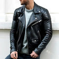 Men's Asymmetric Zip Moto Jacket with Wide Lapels - Brown
