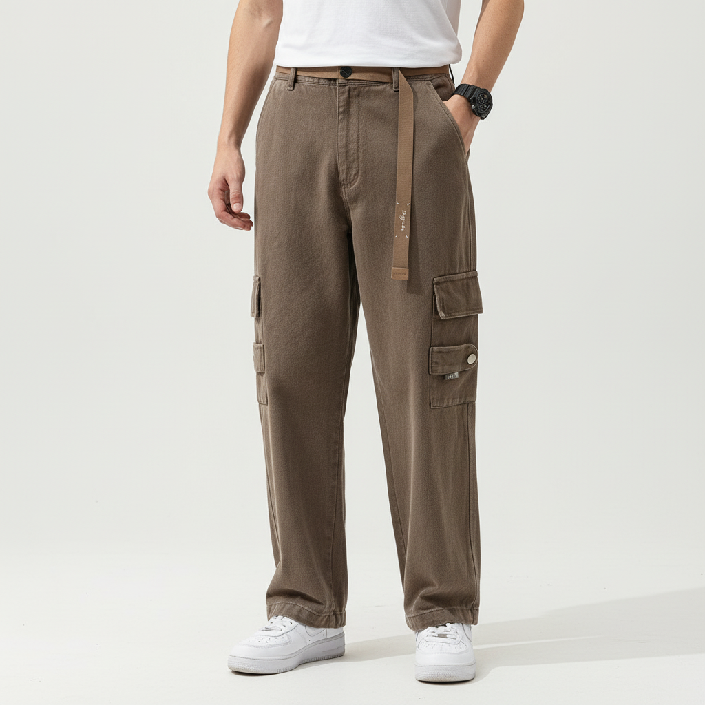 Men's Loose-Fit Cotton Cargo Trousers - Taupe