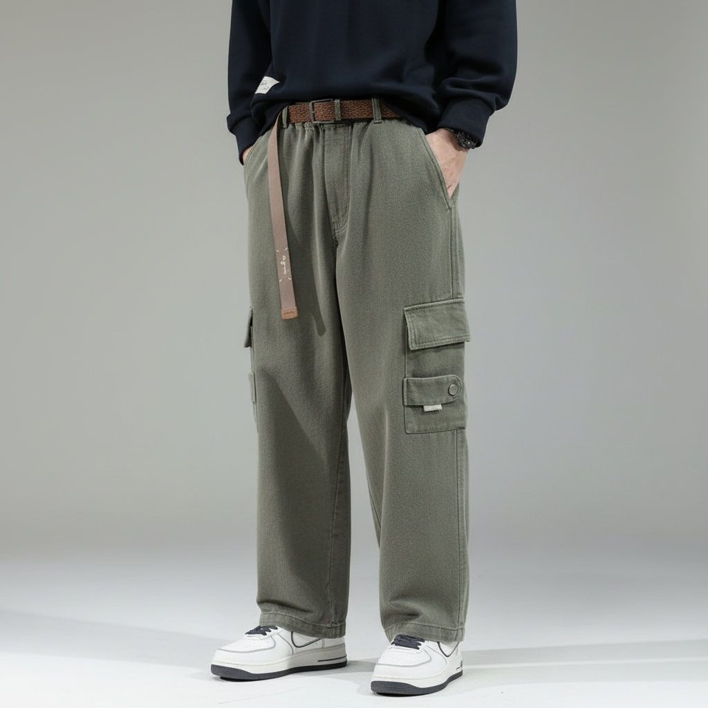 Men's Loose-Fit Cotton Cargo Trousers - Green