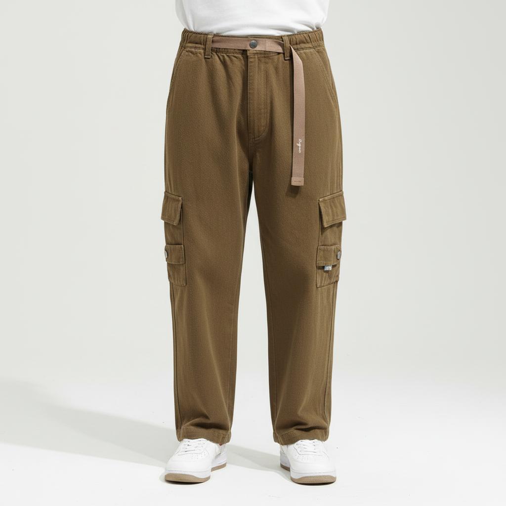 Men's Loose-Fit Cotton Cargo Trousers - Brown