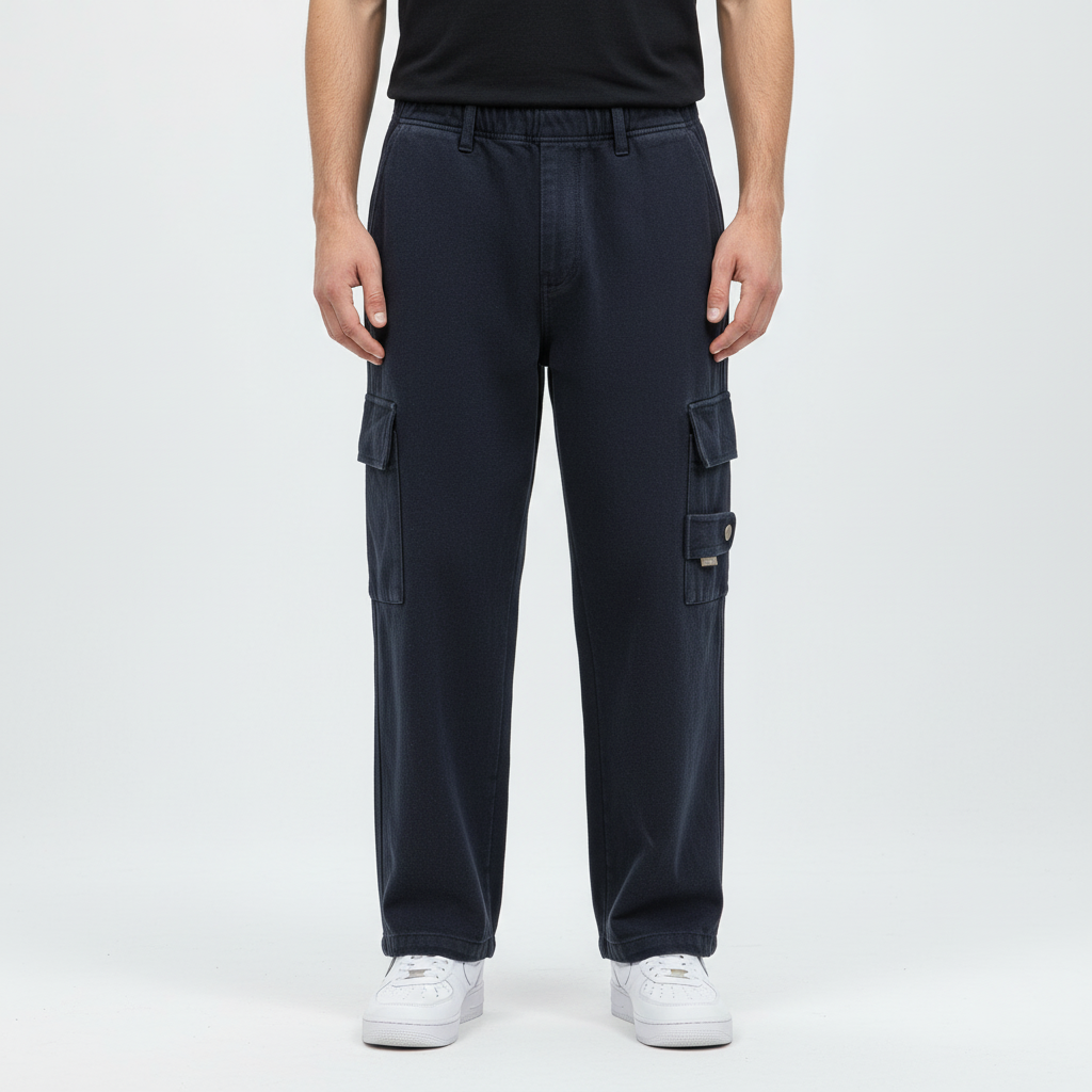 Men's Loose-Fit Cotton Cargo Trousers - Black