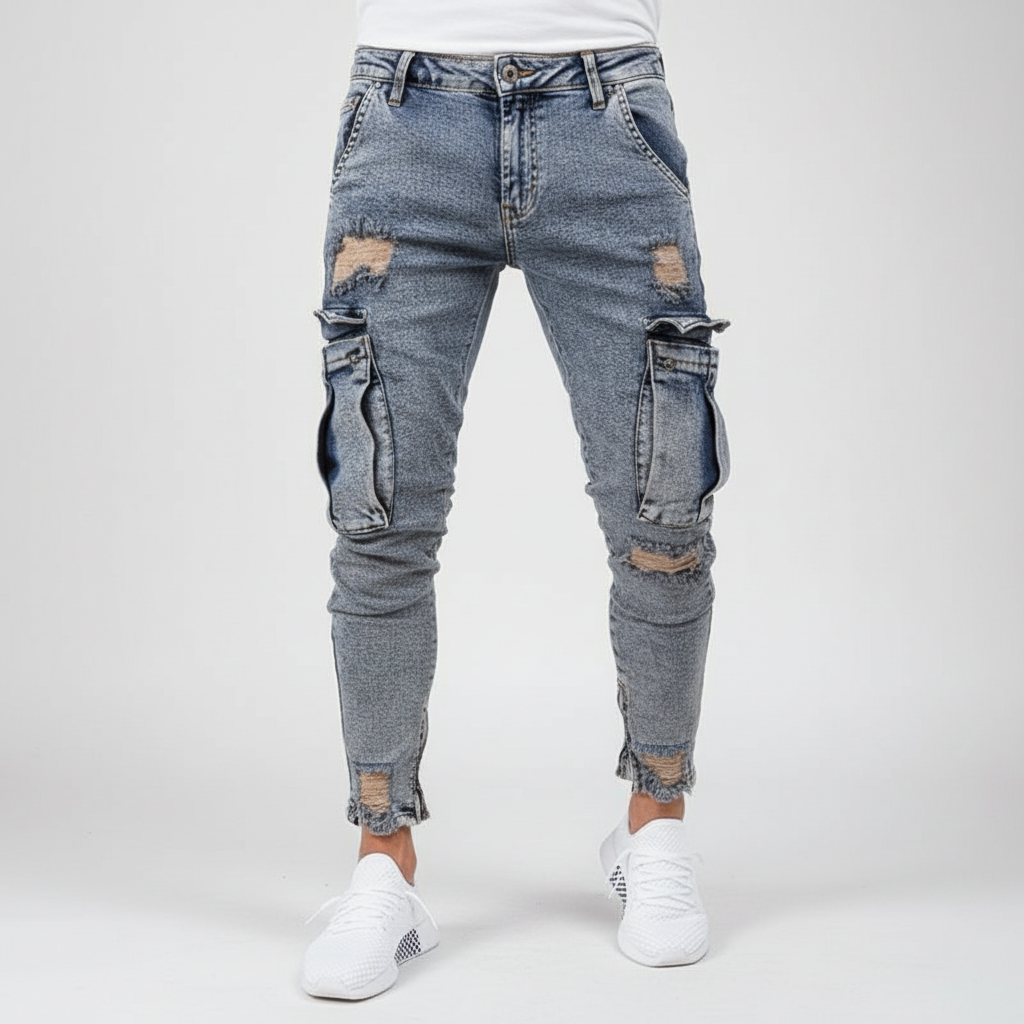 Men's Tapered Denim Cargo Trousers - Blue