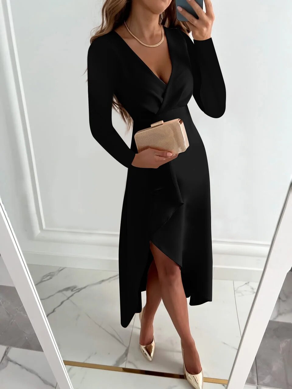 Women's Long Sleeve V-Neck Evening Wrap Midi Dress