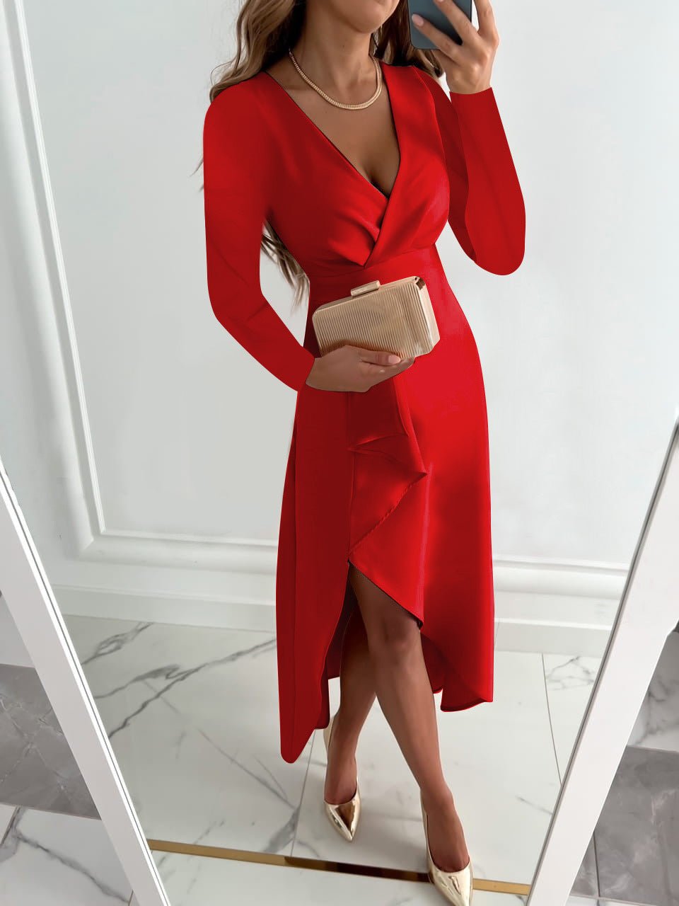 Women's Long Sleeve V-Neck Evening Wrap Midi Dress