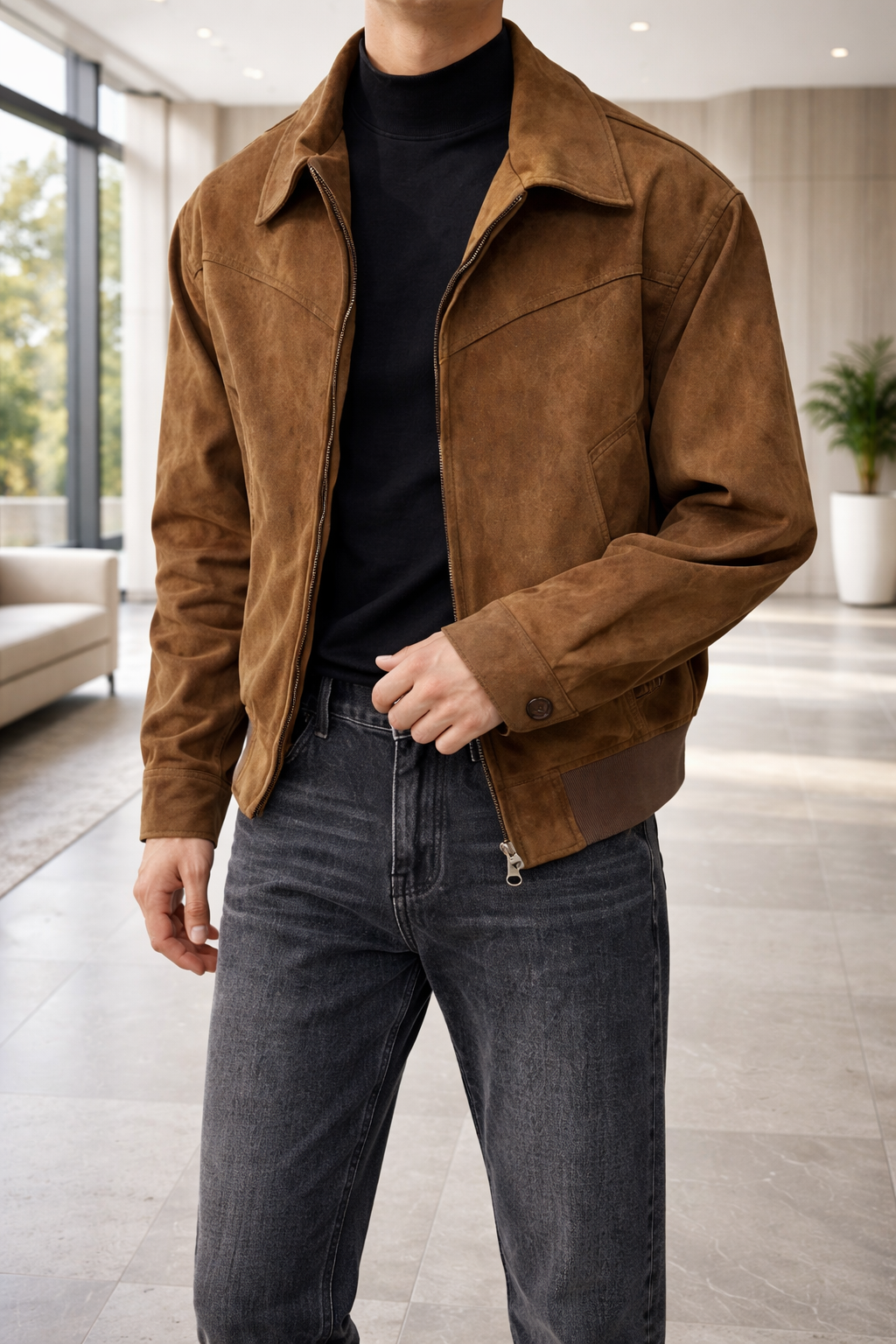 Men's Suede Leather Jacket with Zip Front - Brown