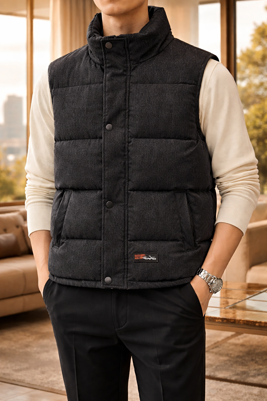 Men's Quilted Stand-Collar Vest - Black