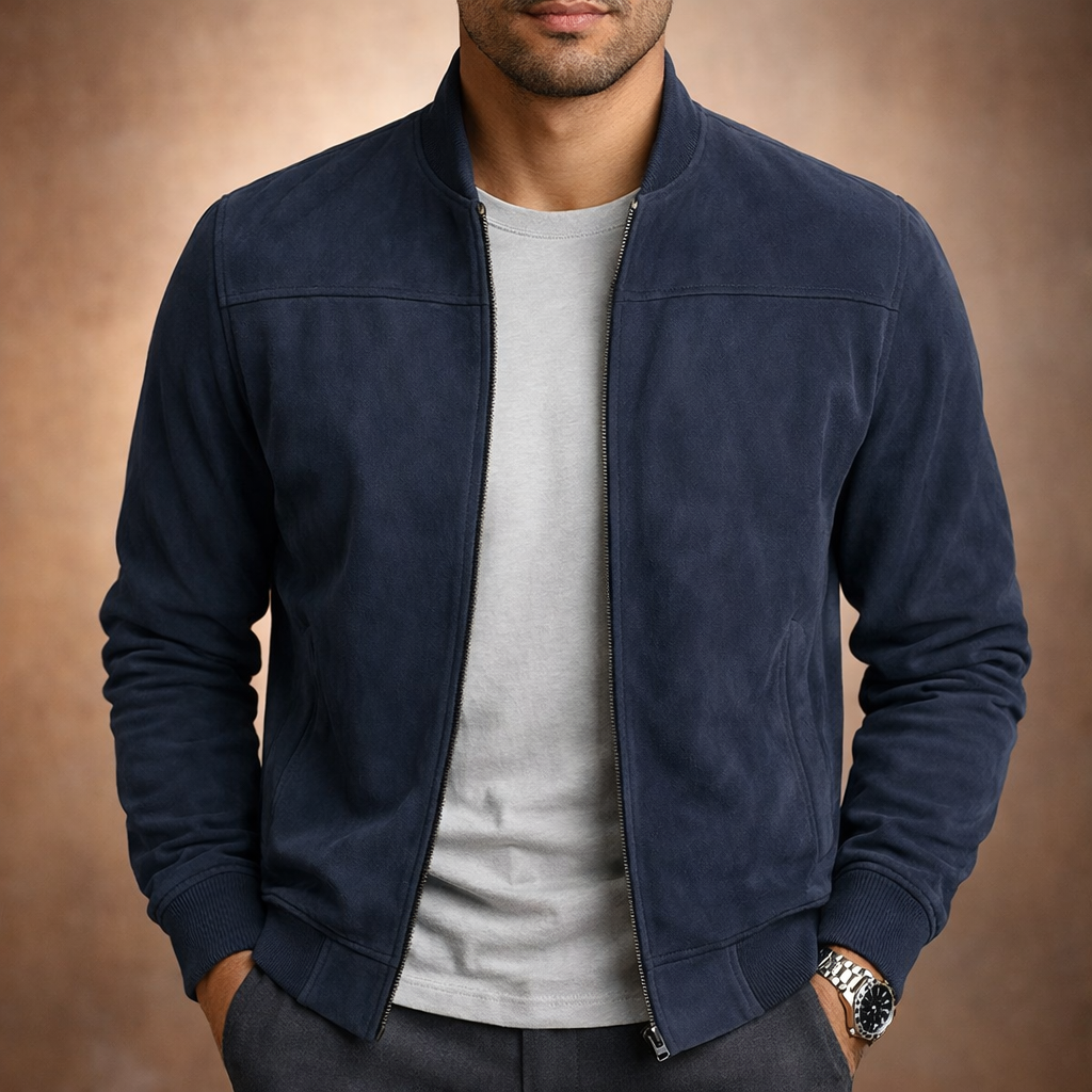 Men's Suede Bomber Jacket - Dark Blue