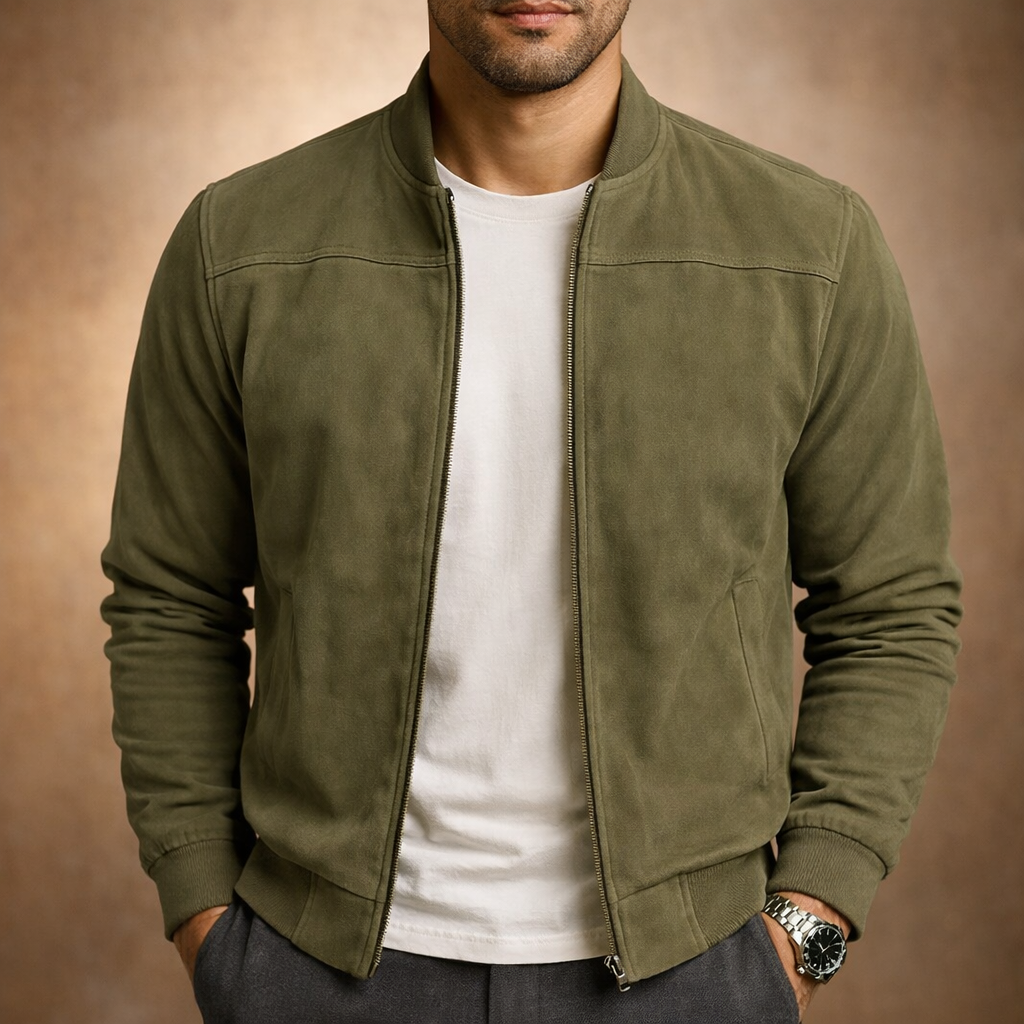 Men's Suede Bomber Jacket - Green
