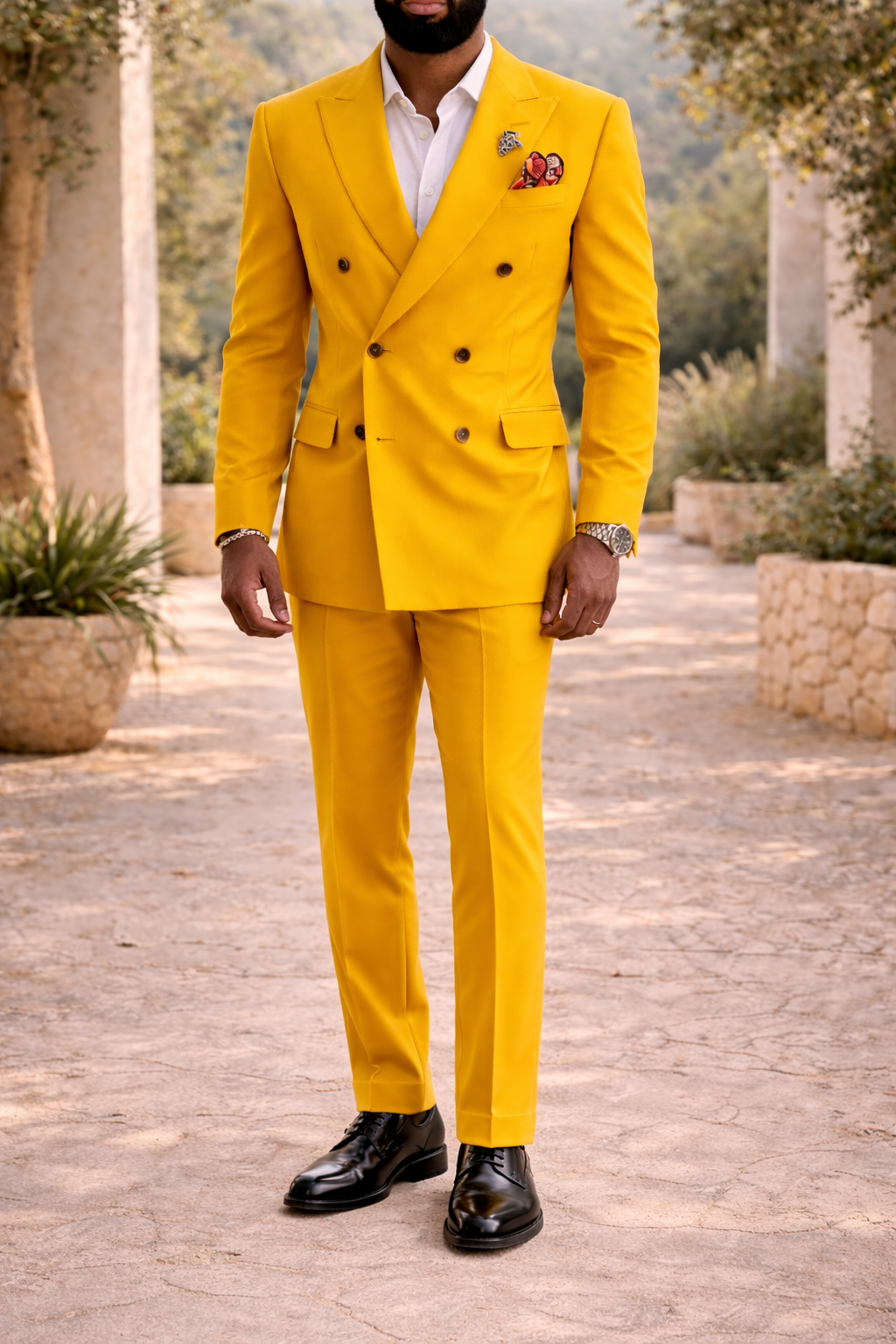 Men's Double Breasted Tailored Wedding Suit Formal Two Piece - Mustard Yellow