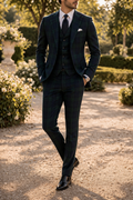 Men's Three Piece Wedding Suit with Check Tailoring - Navy Blue