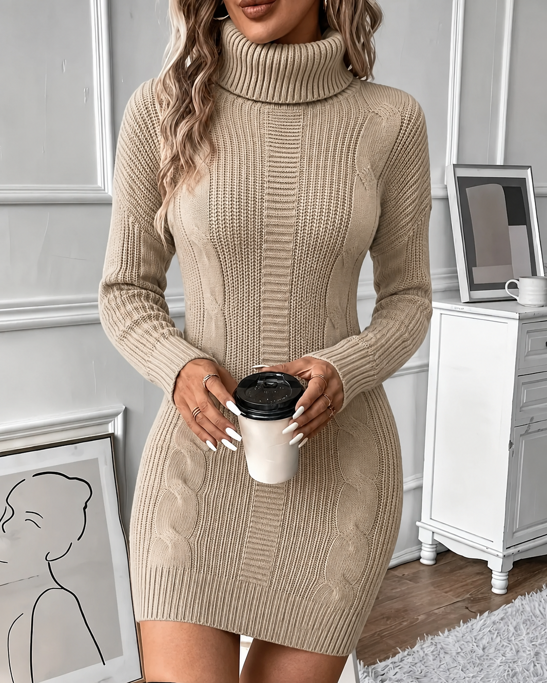 Women's Chunky Cable-Knit Turtleneck Sweater Dress
