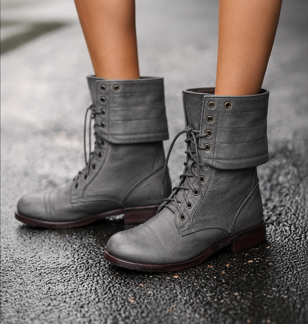 Women's Vintage Lace-Up Mid-Calf Boots - Gray