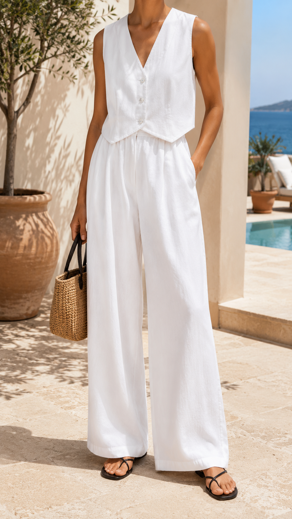 Women's Sleeveless Waistcoat Trouser Set - White