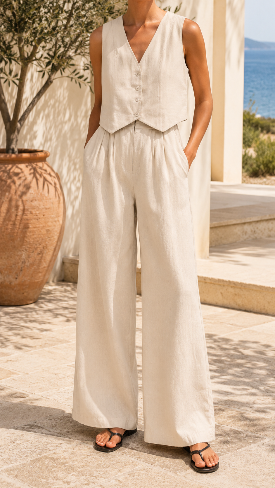 Women's Sleeveless Waistcoat Trouser Set - Beige