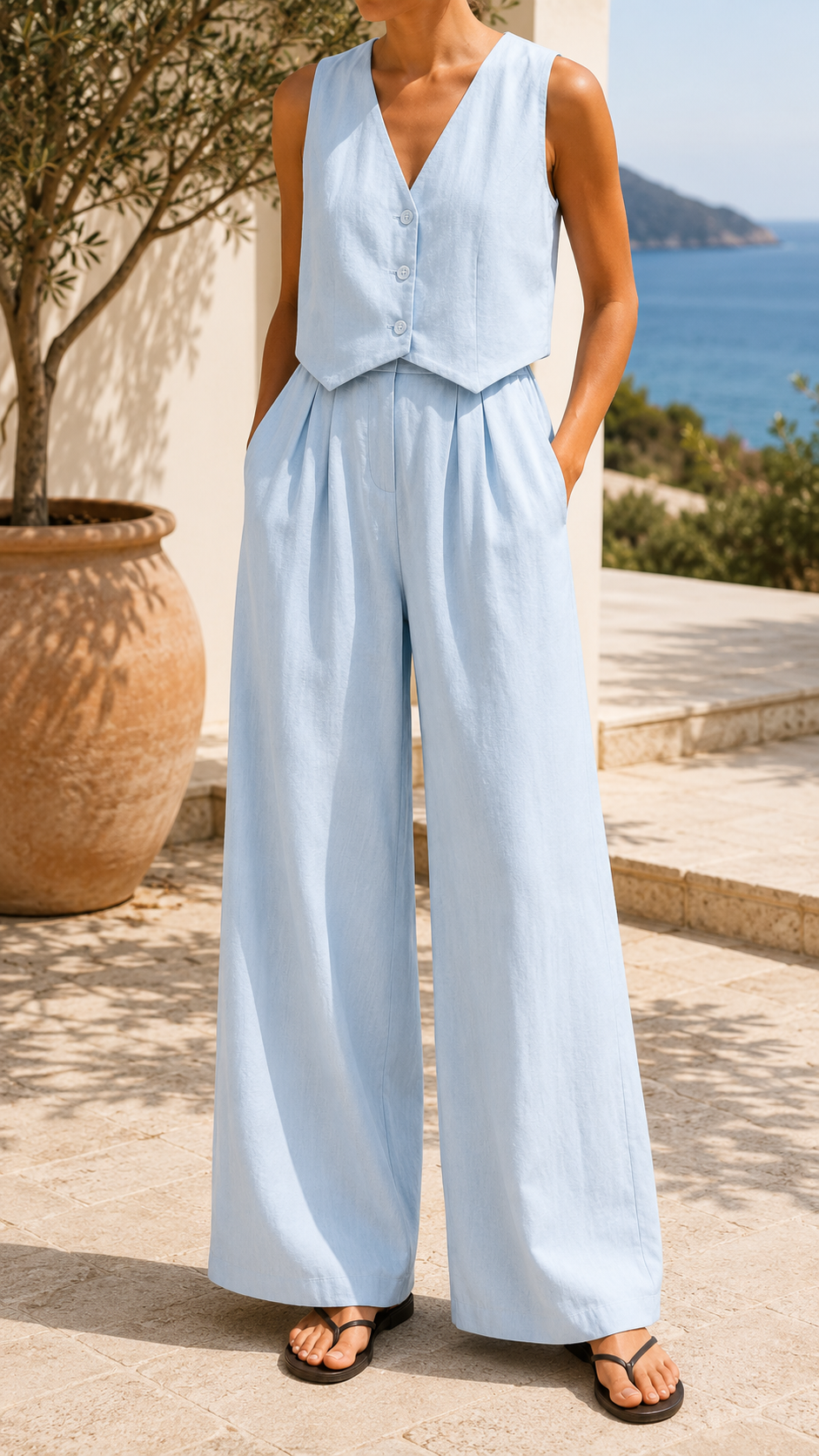 Women's Sleeveless Waistcoat Trouser Set - Light Blue