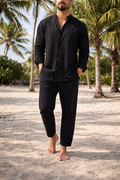 Men's Linen Collarless Shirt Co-Ord Set - Black