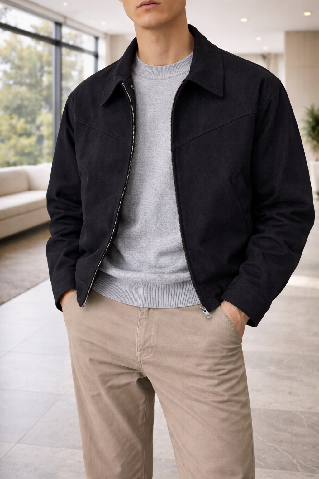 Men's Suede Leather Jacket with Zip Front - Black