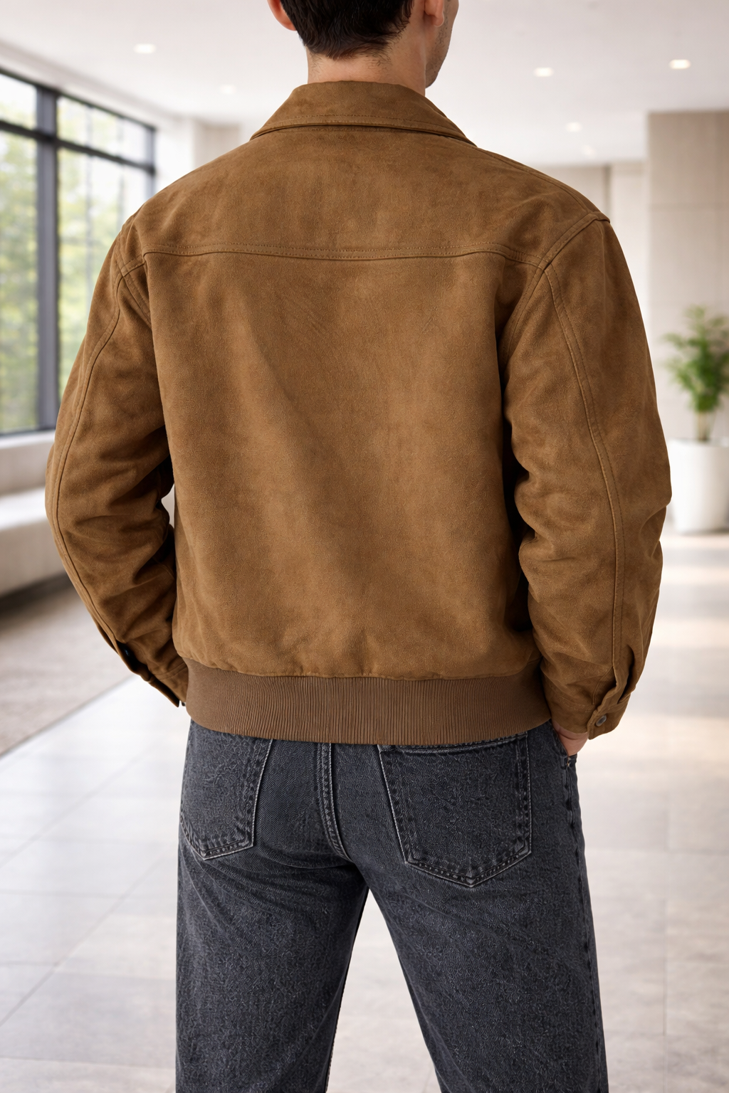 Men's Suede Leather Jacket with Zip Front