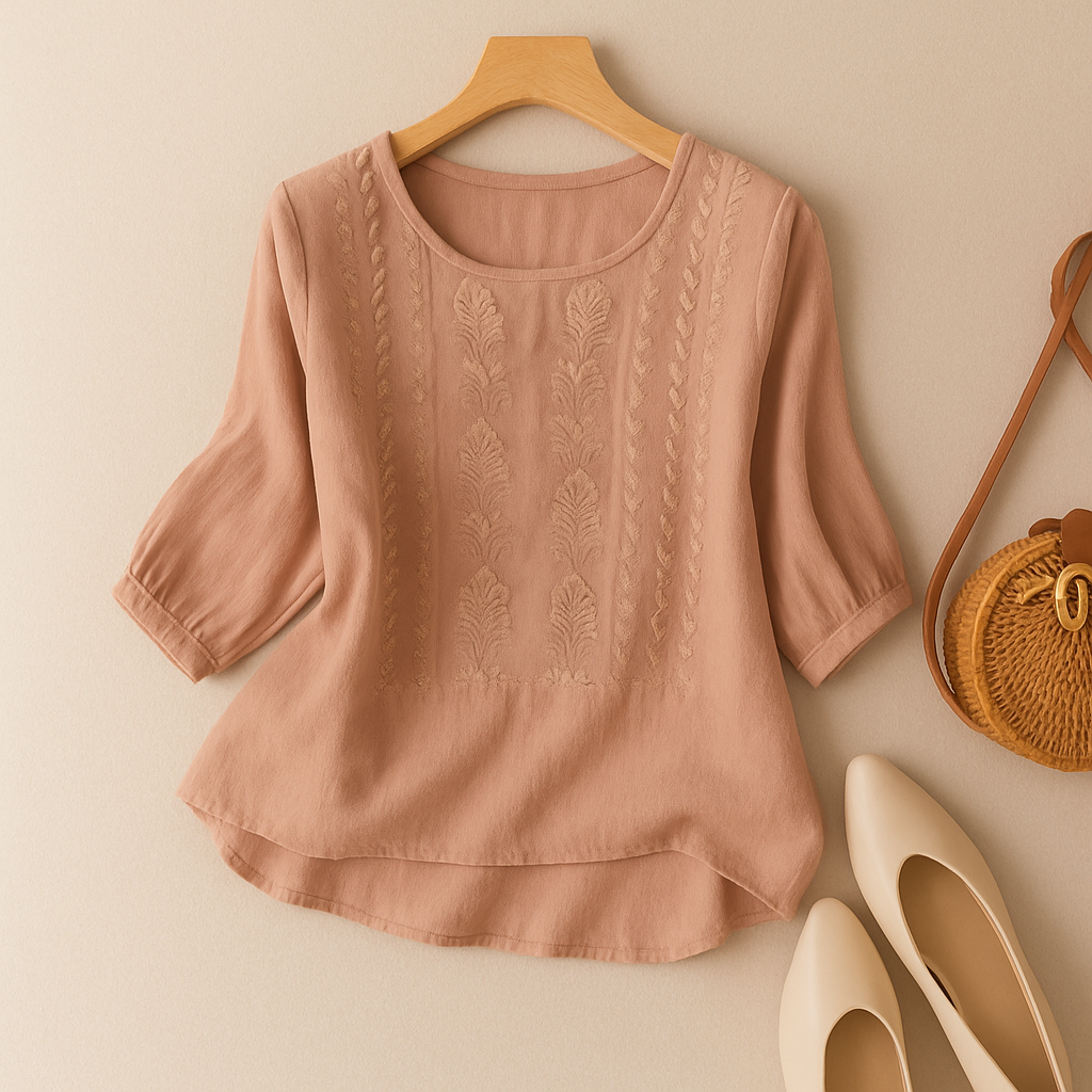 Women's Embroidered Round-Neck Blouse - Orange