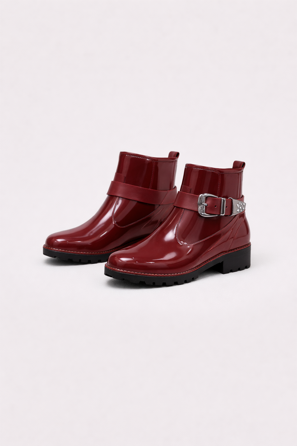 Women's Glossy Buckle Ankle Boots - Red