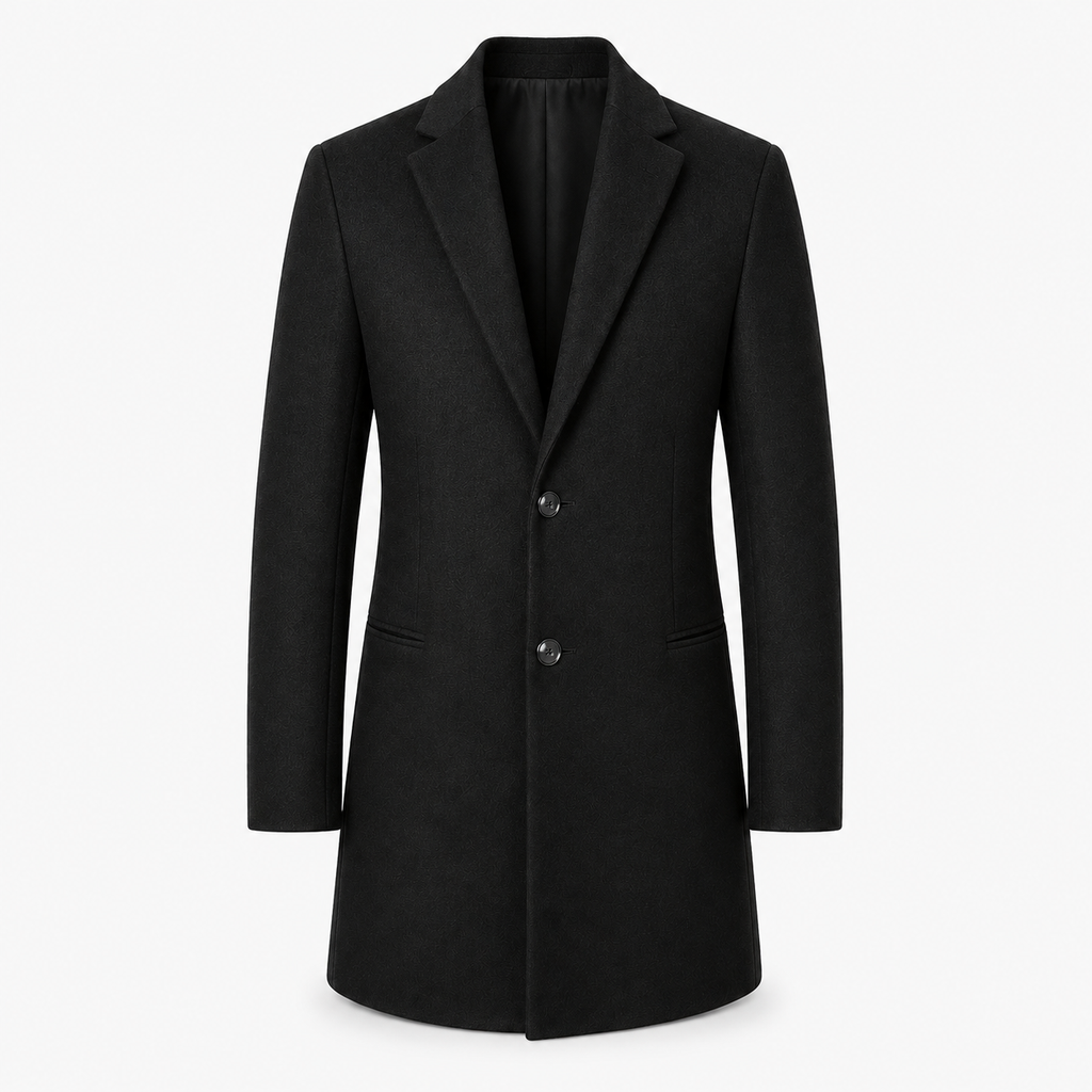 Men's Mid-Length Straight-Cut Tweed Overcoat - Black
