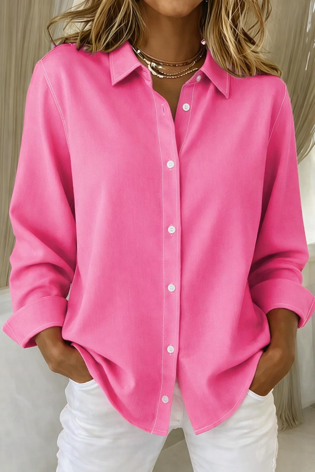 Women's Relaxed Button-Front Shirt Collared Blouse for Office and Everyday Wear