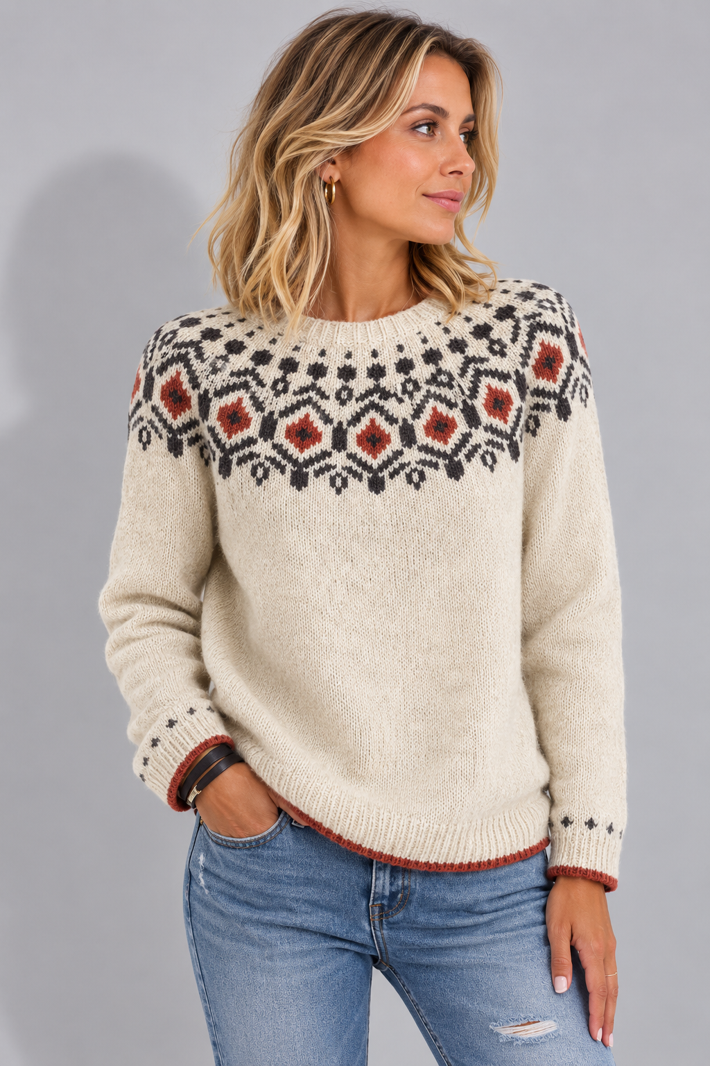 Women's Relaxed Fit Fair Isle Yoke Pullover Sweater