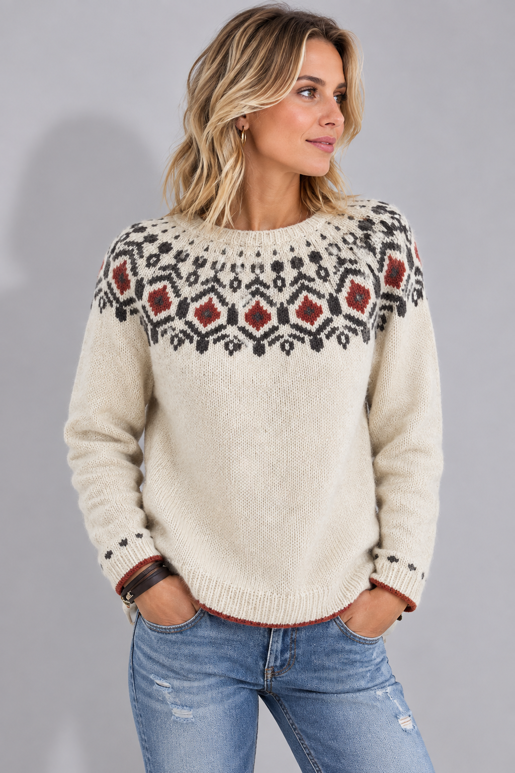 Women's Relaxed Fit Fair Isle Yoke Pullover Sweater