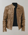 Men's Gloss-Finish Zip-Front Racer Leather Jacket - Khaki
