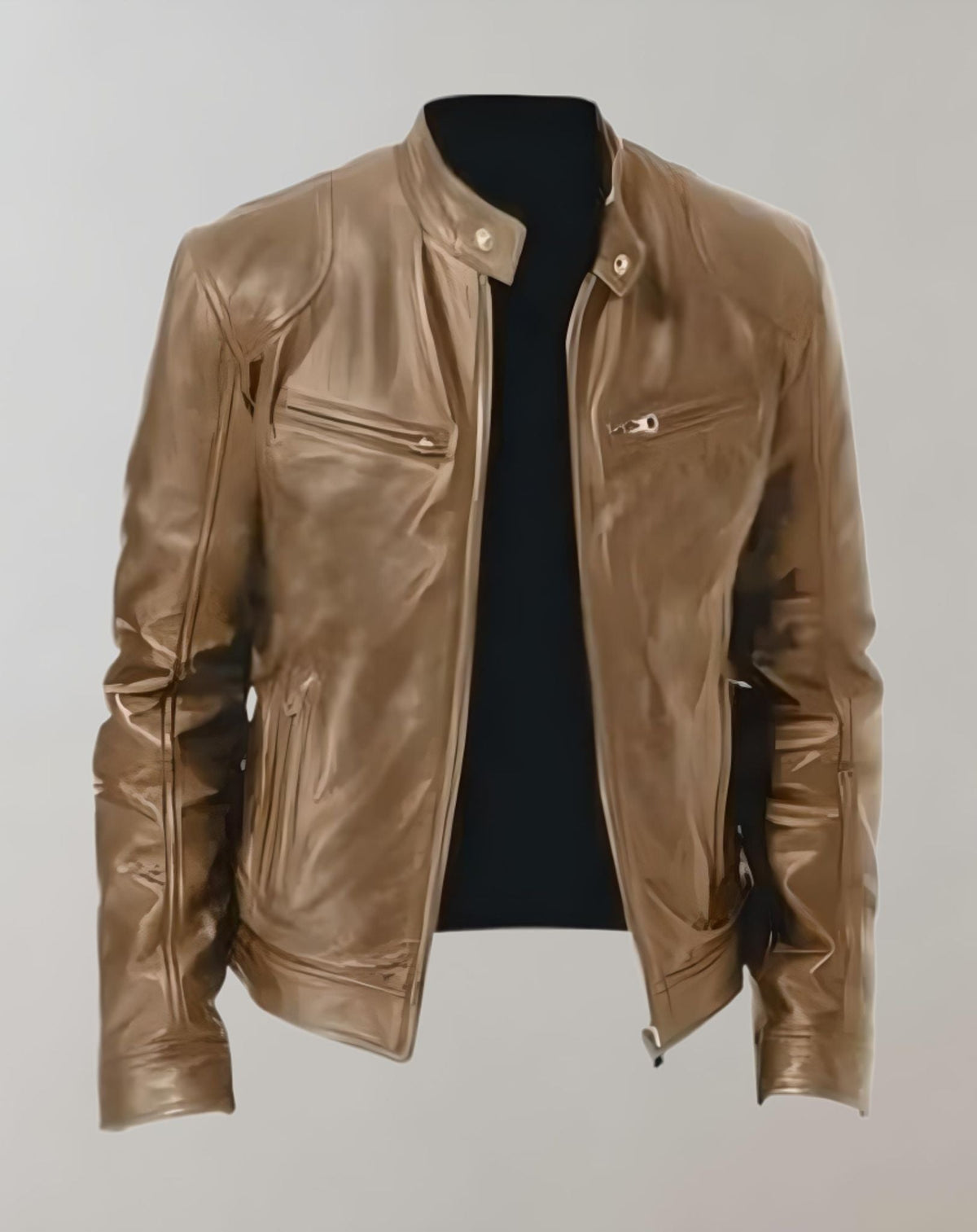 Men's Gloss-Finish Zip-Front Racer Leather Jacket - Khaki