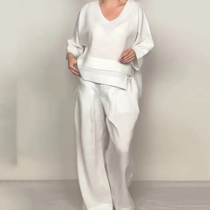 Women's Layered V-Neck Wide-Leg Trouser Set - White