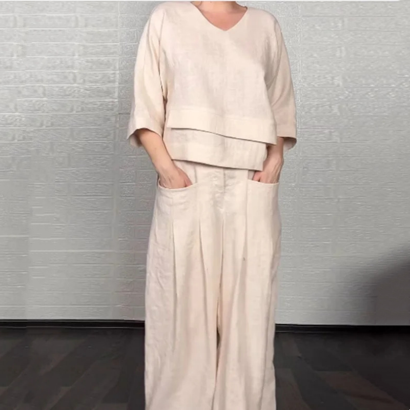 Women's Layered V-Neck Wide-Leg Trouser Set - Cream