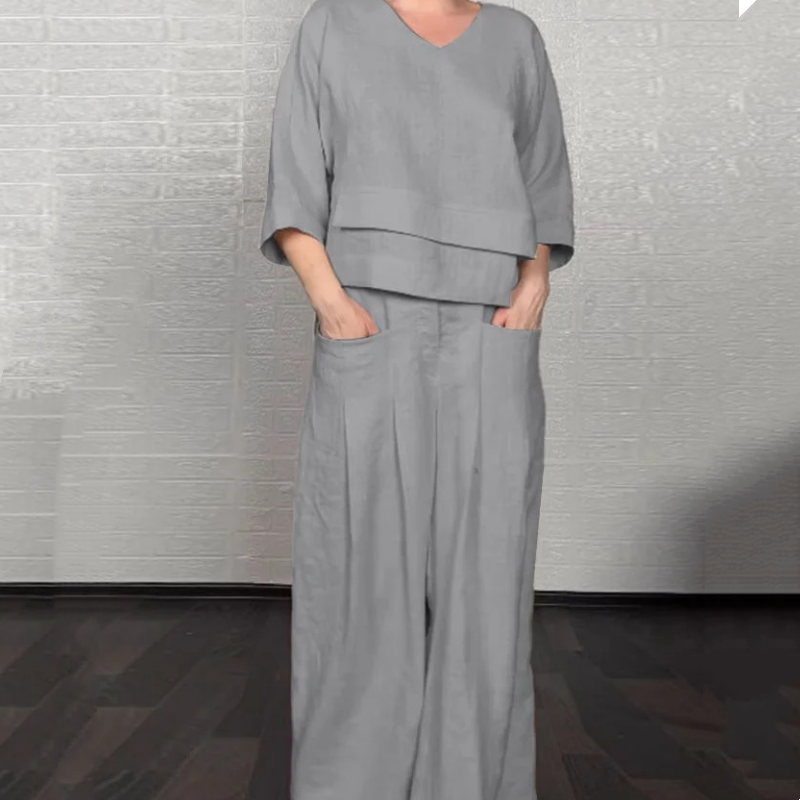 Women's Layered V-Neck Wide-Leg Trouser Set - Gray