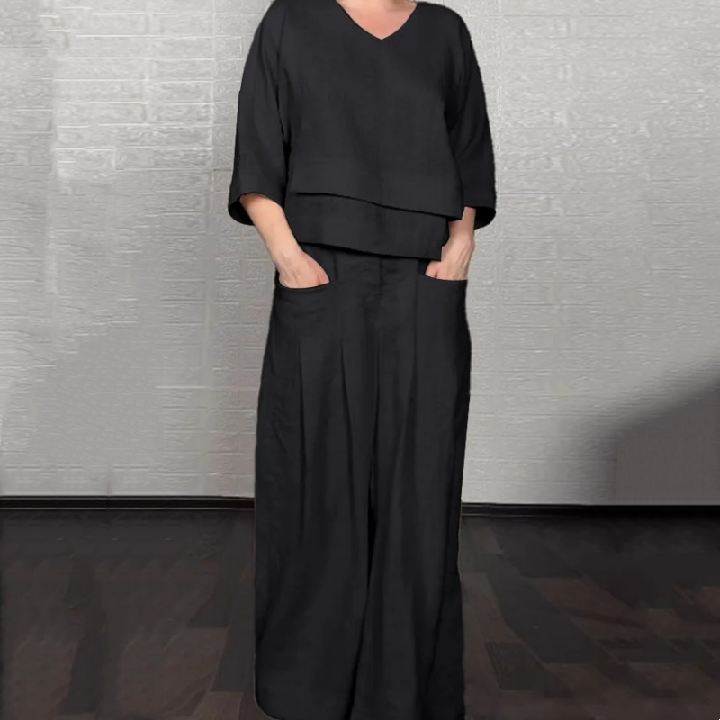 Women's Layered V-Neck Wide-Leg Trouser Set - Black