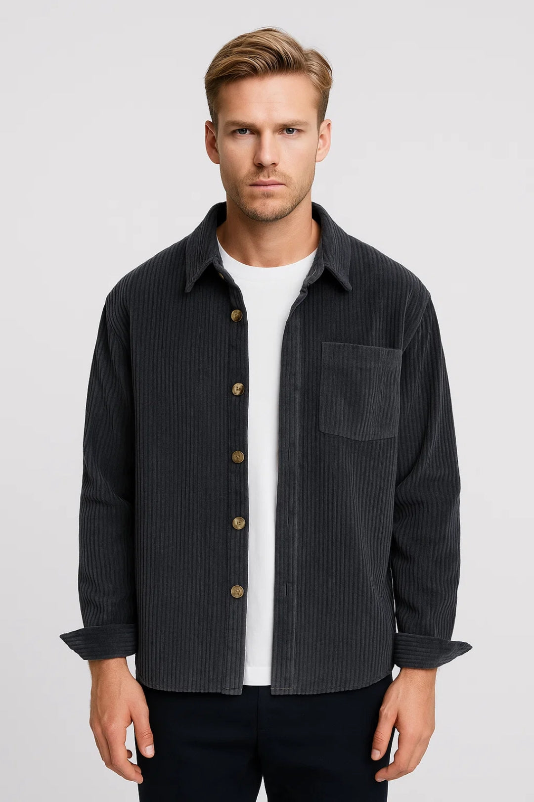 Men's Ribbed Button-Front Overshirt with Chest Pocket