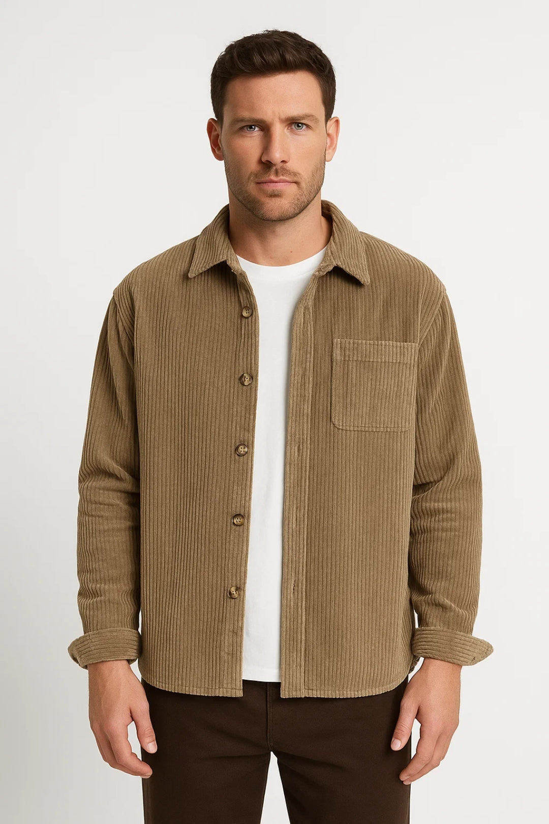 Men's Ribbed Button-Front Overshirt with Chest Pocket