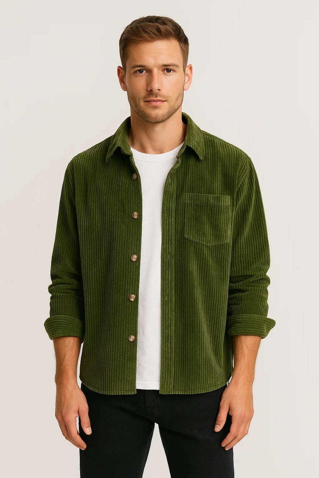 Men's Ribbed Button-Front Overshirt with Chest Pocket