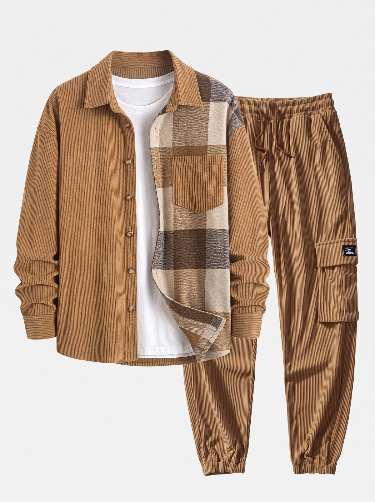 Men's Corduroy Shirt and Cargo Jogger Two-Piece Set - Black