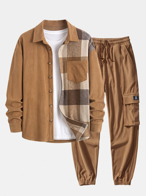 Men's Corduroy Shirt and Cargo Jogger Two-Piece Set - Black